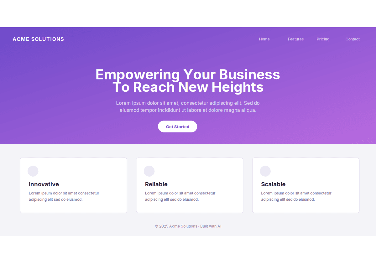 before: an ai-made business site with a purple gradient, placeholder text and generic cards