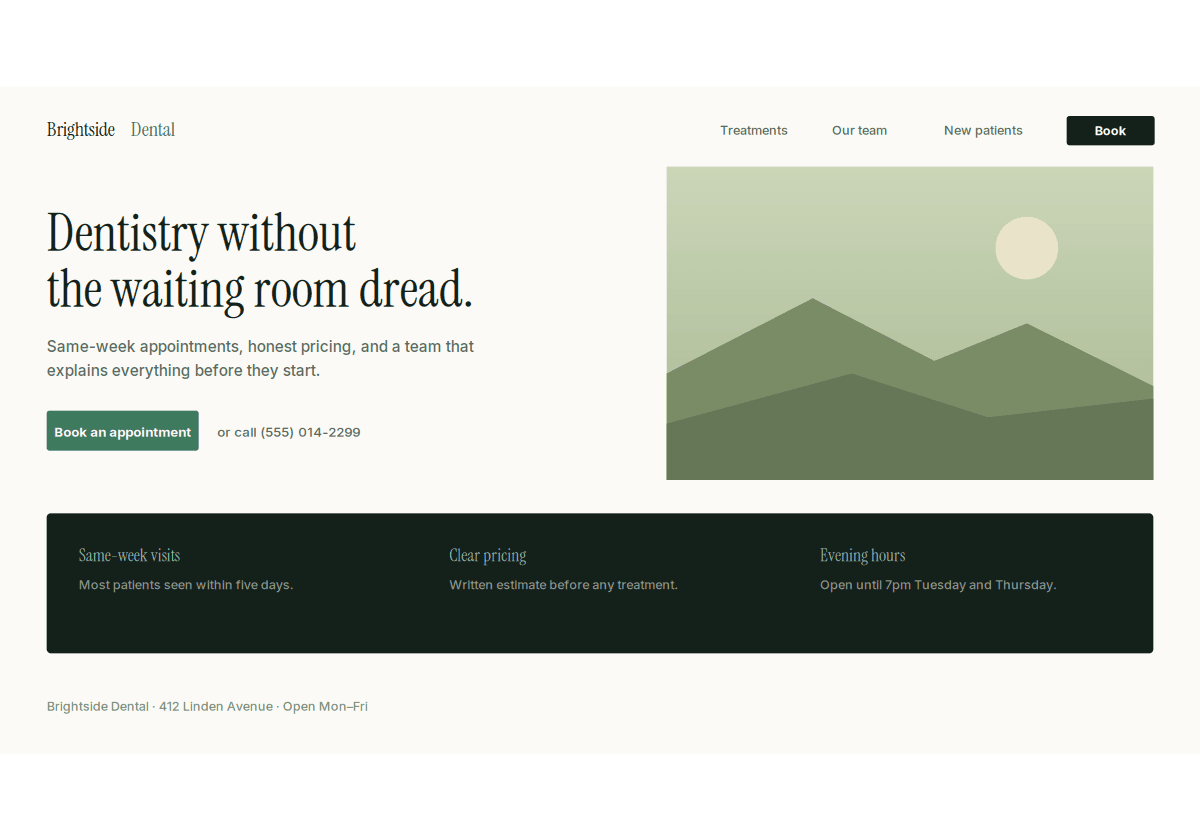 after: the dental practice rebuilt, with a clear headline, a book an appointment button and same-week visits